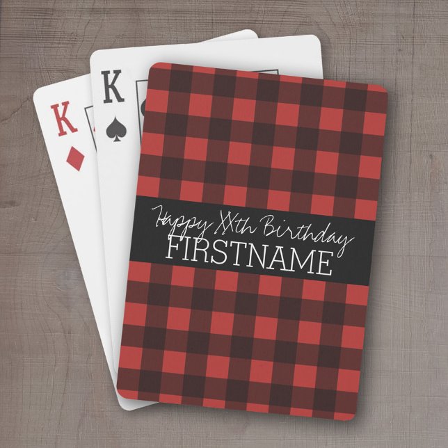 Rustic Red & Black Buffalo Plaid Birthday Party Poker Cards (Personalized playing cards - Fun Birthday Design)