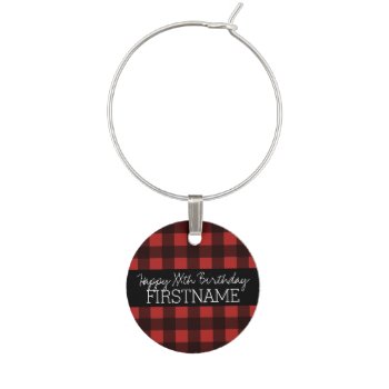 Rustic Red & Black Buffalo Plaid Birthday Party Wine Charm by MarshBaby at Zazzle