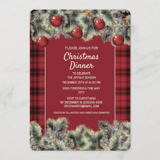 Rustic Red Black Buffalo Plaid Christmas Dinner Invitation
