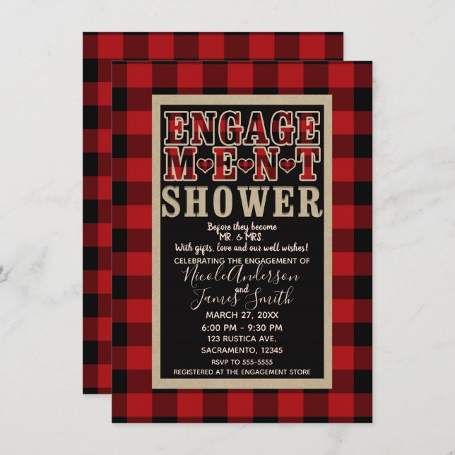 Rustic Red Black Buffalo Plaid Engagement Shower Invitation (Front/Back)