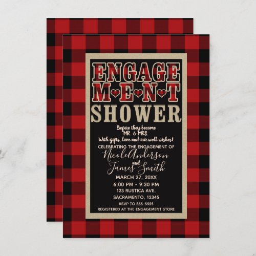 Rustic Red Black Buffalo Plaid Engagement Shower Invitation