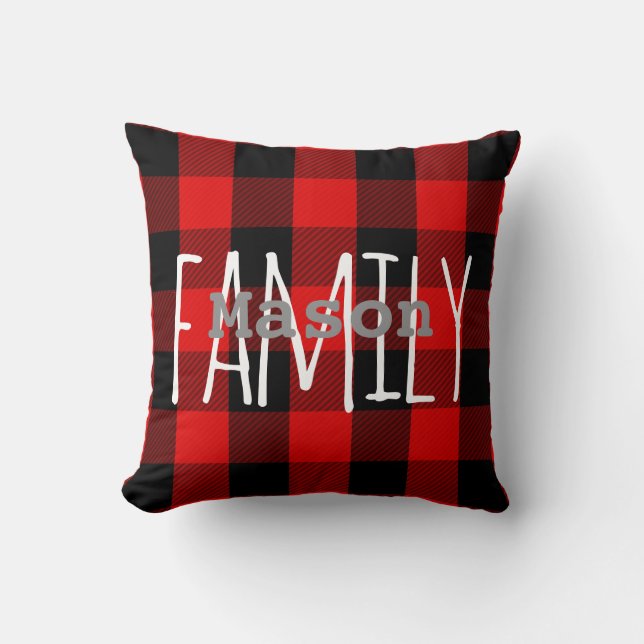 Rustic Red Black Buffalo Plaid Family Monogram Throw Pillow (Front)