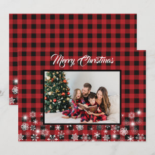 Rustic Red Black Buffalo Plaid Family Photo  Holiday Card