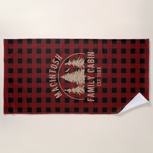 Rustic Red Black Buffalo Plaid Forest Woods Name Beach Towel