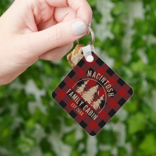 Rustic Red Black Buffalo Plaid Forest Woods Name Keychain