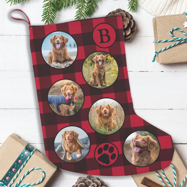 Rustic Red Black Buffalo Plaid Fun 12 Pet Photo Small Christmas Stocking (Creator Uploaded)