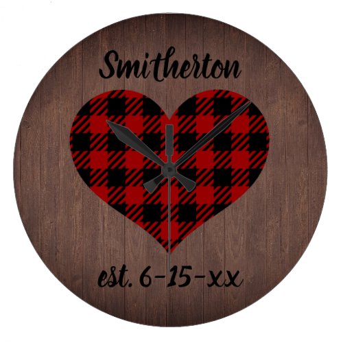 Rustic Red Black Buffalo Plaid Heart Brown Wood Large Clock