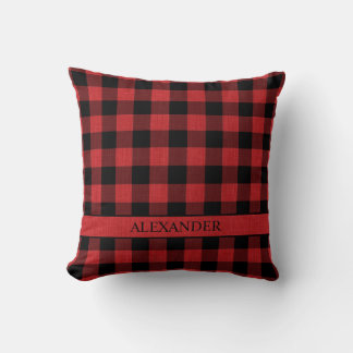 Rustic Red Black Buffalo Plaid Linen Photo Name Throw Pillow