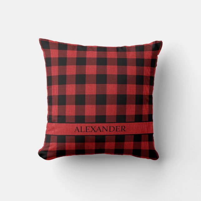 Rustic Red Black Buffalo Plaid Linen Photo Name Throw Pillow (Front)