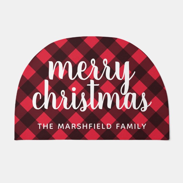 Rustic Red & Black Buffalo Plaid Merry Christmas Doormat (Front)