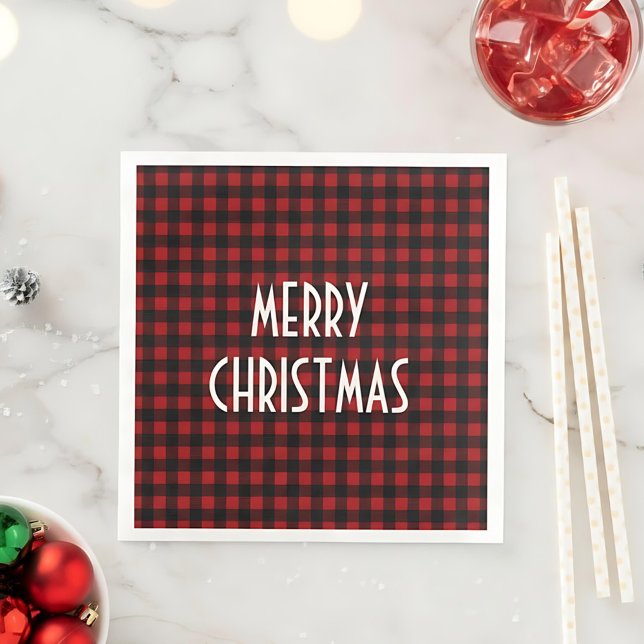 Rustic Red & Black Buffalo Plaid Merry Christmas Paper Dinner Napkins (Creator Uploaded)