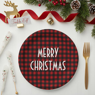 Rustic Red & Black Buffalo Plaid Merry Christmas Paper Plates