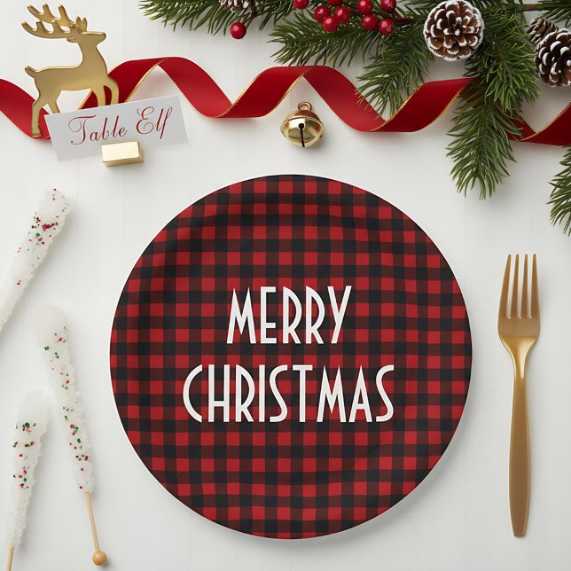 Rustic Red & Black Buffalo Plaid Merry Christmas Paper Plates (Creator Uploaded)