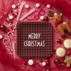 Rustic Red & Black Buffalo Plaid Merry Christmas Paper Plates