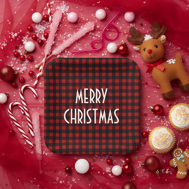 Rustic Red & Black Buffalo Plaid Merry Christmas Paper Plates (Creator Uploaded)