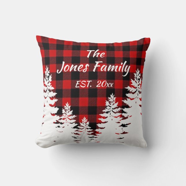Rustic red black buffalo plaid, minimalist trees throw pillow (Front)