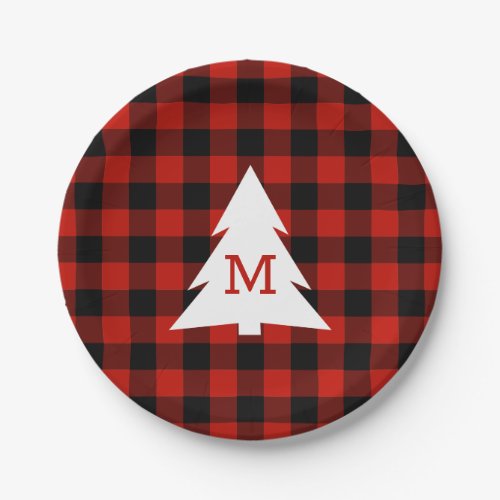 Rustic Red Black Buffalo Plaid Monogram Holiday Paper Plates