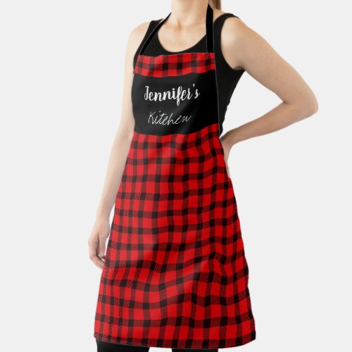 Rustic red black buffalo plaid monogram name apron