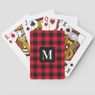 Rustic Red Black Buffalo Plaid Monogram Poker Cards