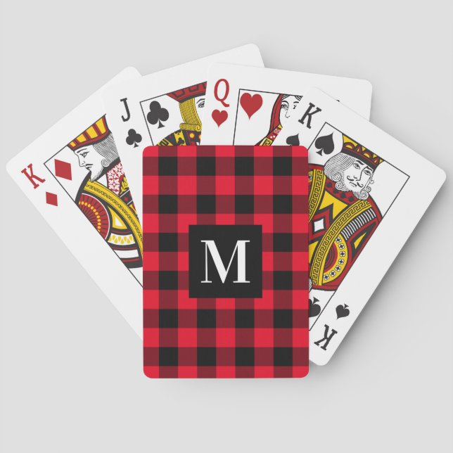 Rustic Red Black Buffalo Plaid Monogram Poker Cards (Back)