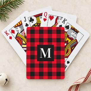 Rustic Red Black Buffalo Plaid Monogram Poker Cards