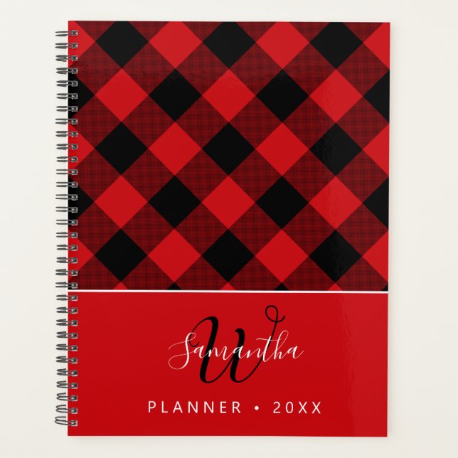 Rustic Red Black Buffalo Plaid Monogrammed 2026 Planner (Front)