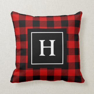 Rustic Red Black Buffalo Plaid Monogrammed Throw Pillow