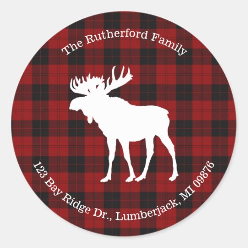 Rustic Red Black Buffalo Plaid  Moose Address Classic Round Sticker