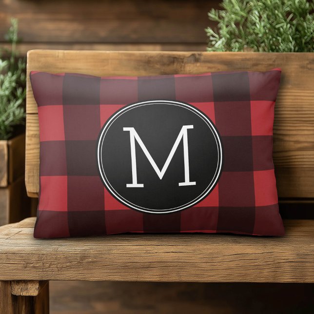 Rustic Red & Black Buffalo Plaid Pattern Monogram Accent Pillow (Custom Monogram Pillow)