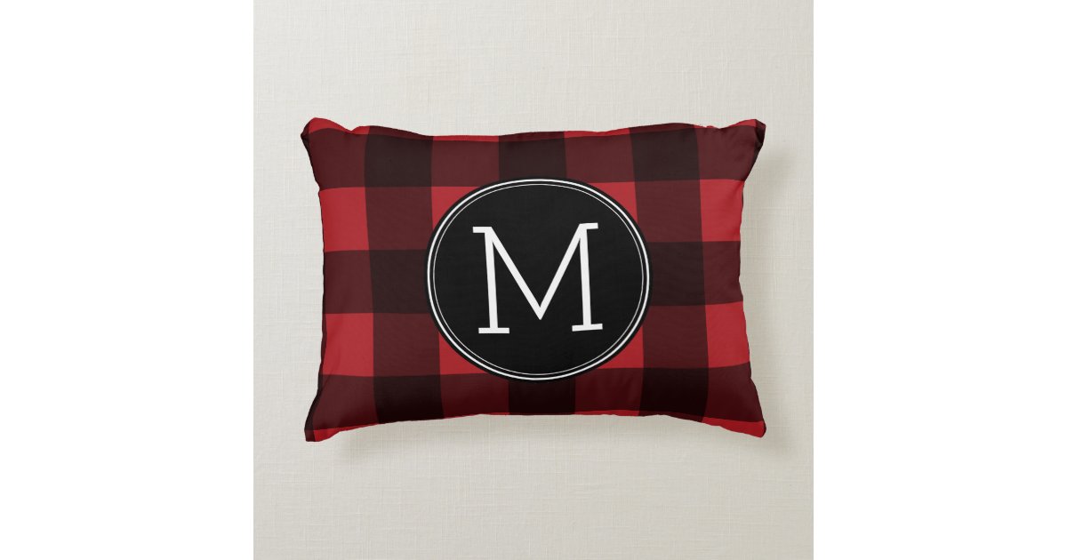 Rustic Red & Black Buffalo Plaid Pattern Monogram Accent Pillow | Zazzle