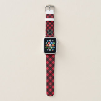 Rustic Red & Black Buffalo Plaid Pattern Monogram Apple Watch Band