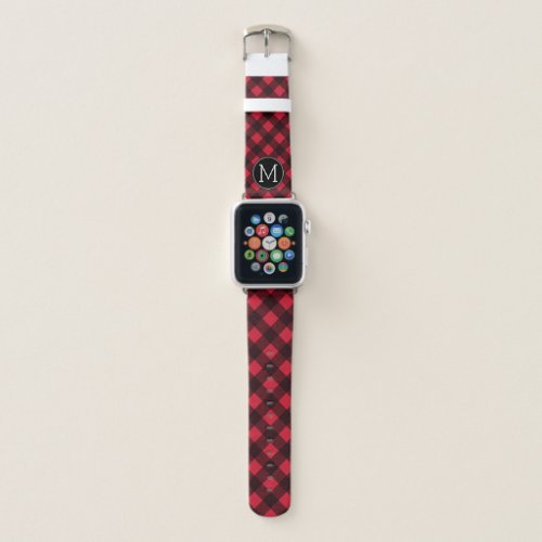Rustic Red  Black Buffalo Plaid Pattern Monogram Apple Watch Band