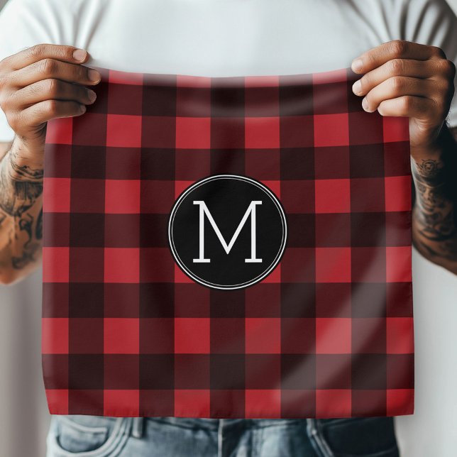 Rustic Red & Black Buffalo Plaid Pattern Monogram Bandana (Custom Bandana)