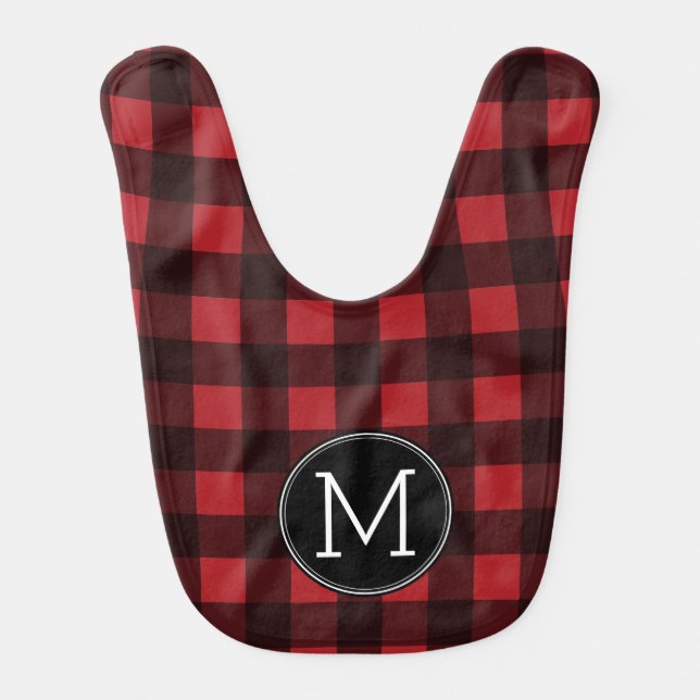 Rustic Red & Black Buffalo Plaid Pattern Monogram Bib (Front)