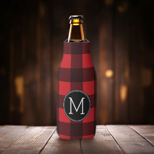 Rustic Red Black Buffalo Plaid Pattern Monogram Bottle Cooler