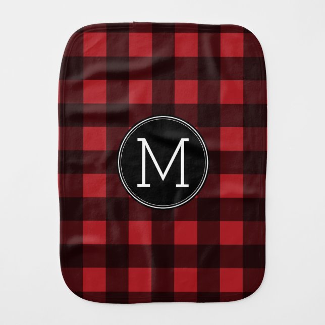 Rustic Red & Black Buffalo Plaid Pattern Monogram Burp Cloth (Front)