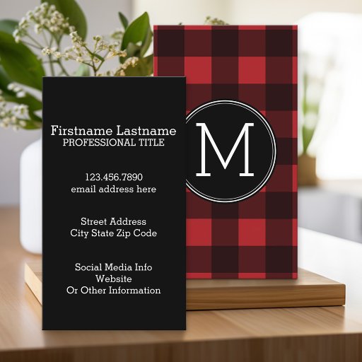 Customizable Rustic Red &amp; Black Buffalo Plaid Pattern Monogram Business Card Templates