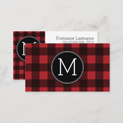 Rustic Red  Black Buffalo Plaid Pattern Monogram Business Card