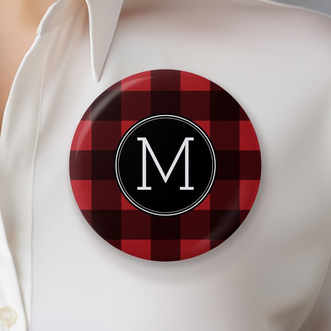 Rustic Red & Black Buffalo Plaid Pattern Monogram Button (Custom Button with Monogram)