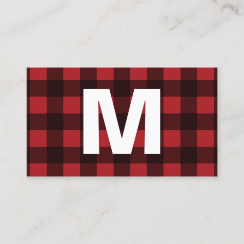 Rustic Red  Black Buffalo Plaid Pattern Monogram Calling Card