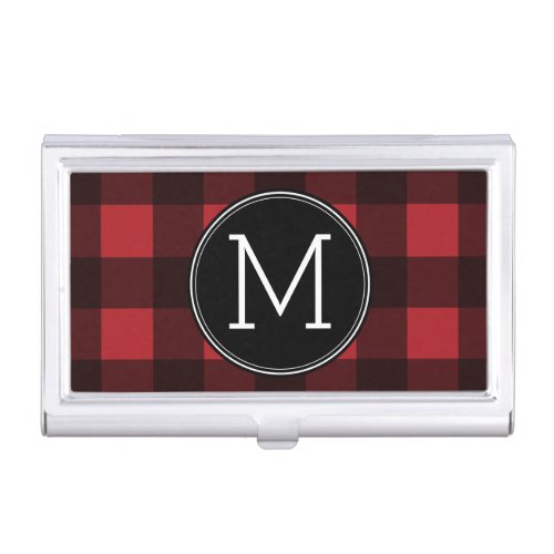 Rustic Red  Black Buffalo Plaid Pattern Monogram Case For Business Cards