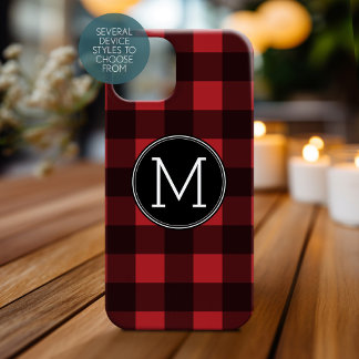 Rustic Red & Black Buffalo Plaid Pattern Monogram iPhone 15 Plus Case