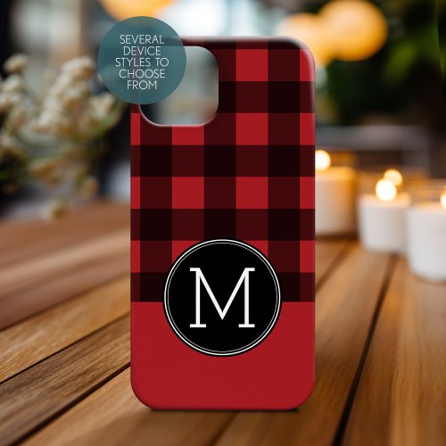 Rustic Red  Black Buffalo Plaid Pattern Monogram Case_Mate iPhone 14 Plus Case