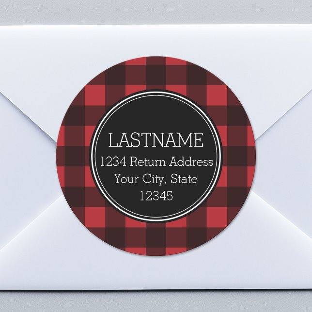 Rustic Red Black Buffalo Plaid Pattern Monogram Classic Round Sticker (Custom Return Address Sticker)