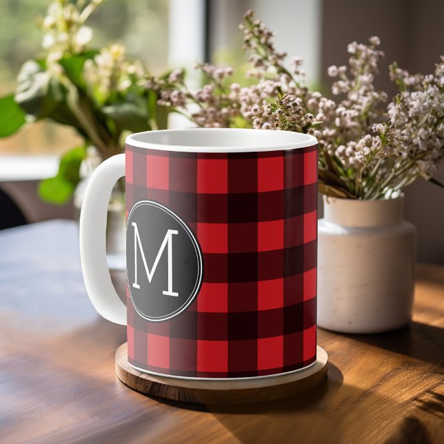 Rustic Red Black Buffalo Plaid Pattern Monogram Coffee Mug (Buffalo check mug with personalized monogram)