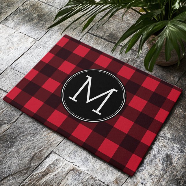 Rustic Red & Black Buffalo Plaid Pattern Monogram Doormat (Custom Welcome Mat)