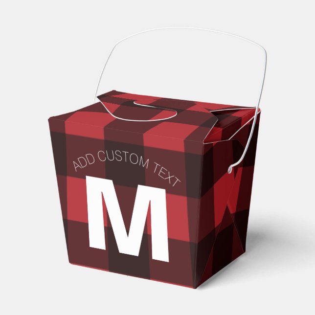 Rustic Red & Black Buffalo Plaid Pattern Monogram Favor Boxes (Front Side)