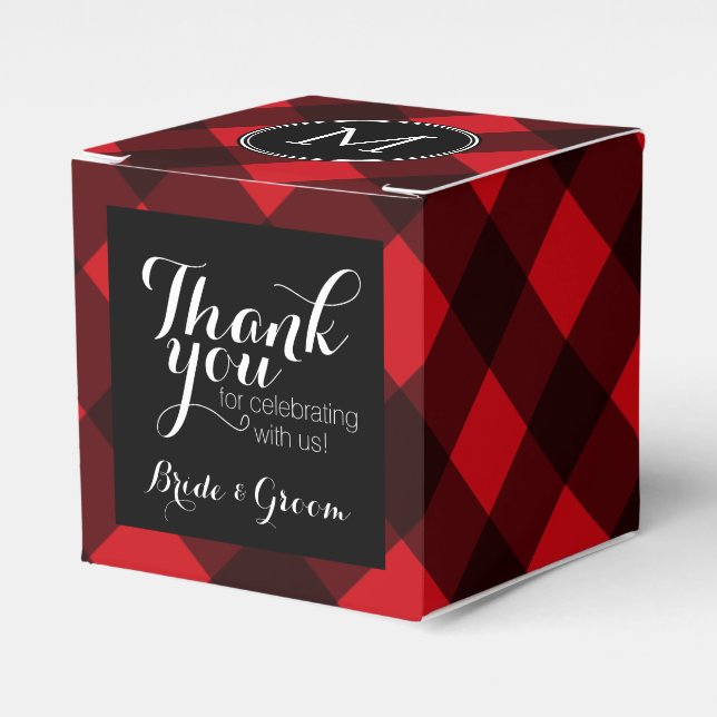 Rustic Red Black Buffalo Plaid Pattern Monogram Favor Boxes (Front Side)