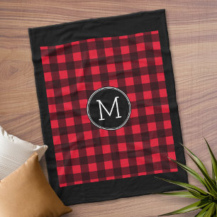 Rustic Red Black Buffalo Plaid Pattern Monogram Fleece Blanket