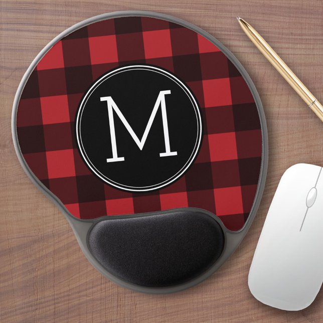 Rustic Red & Black Buffalo Plaid Pattern Monogram Gel Mouse Pad (Personalized mousepad with custom text)